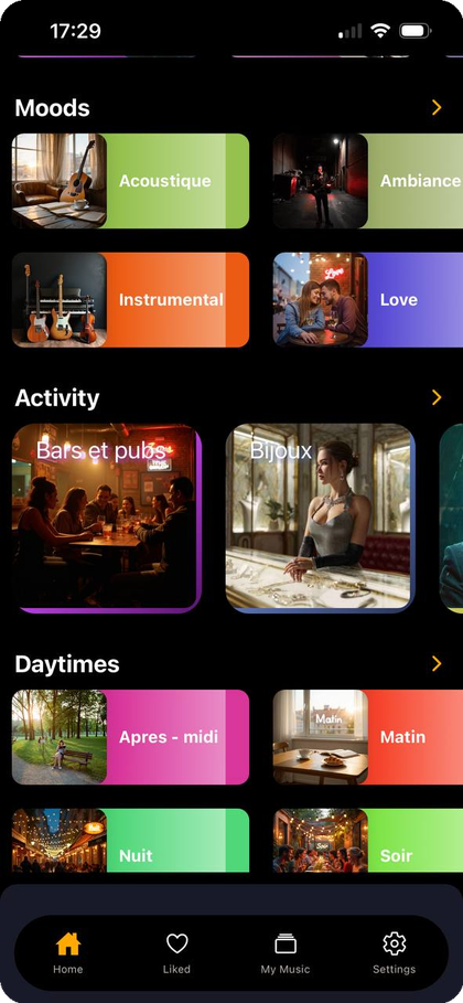 Mobile app — playlists by mood, activity and daytime